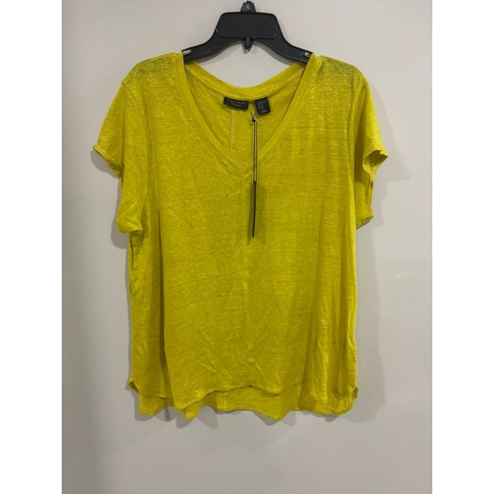 Tahari 100% Linen V‎ Neck Top XXL Yellow Short Sleeve NWT Summer Coastal Blouse